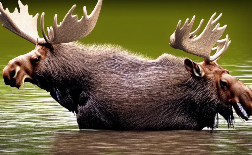 Image similar to moose hybrid beaver head antlers, tail, rodent, teeth, drinking at a lake, photorealistic, photography, nature, forest, wildlife