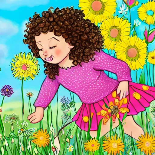 Prompt: a little girl with curly brown hair running through a field of flowers, highly detailed very beautiful fun children's book illustration by basia tran