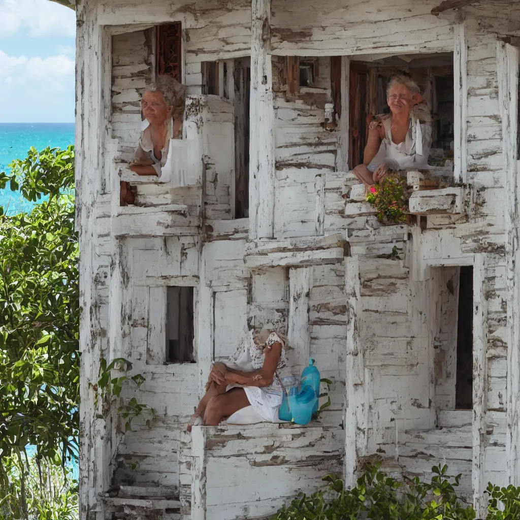 Image similar to a beautiful woman with freckles sitting on the porch of a one-story house in the caribbean watching the sea, realistic, clea