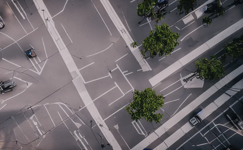 Prompt: top view of a street, natural light, cinematic lighting, 8 k