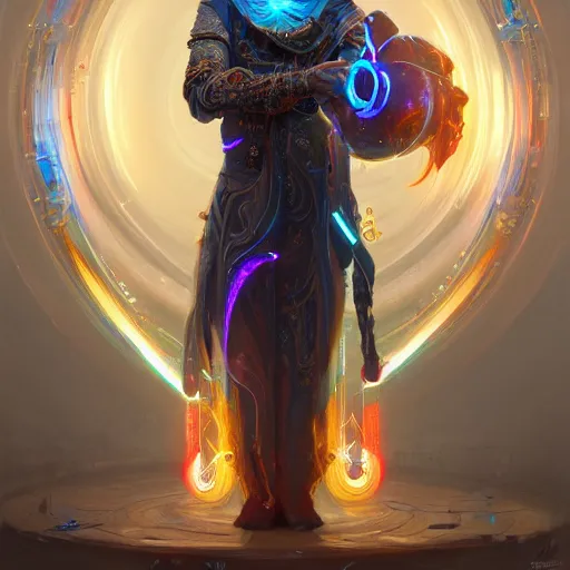 Prompt: the old mage casting, wizard staff, cyberpunk, bionics, augments, lights, cables, elegant gleaming intricate baroque jewellery, colorful, vivid, imposing, epic, digital painting, artstation, concept art, by peter mohrbacher and wlop and rhads,