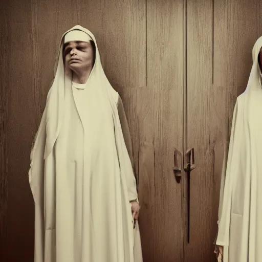 Image similar to award winning photo two Hovering twin nuns wearing hoods, buxom chested blindfolded wearing translucent veils see through dress, Very long arms, bedroom, wood door, eerie, frightening, highly detailed, photorealistic, colorized —width 1024 —height 1024