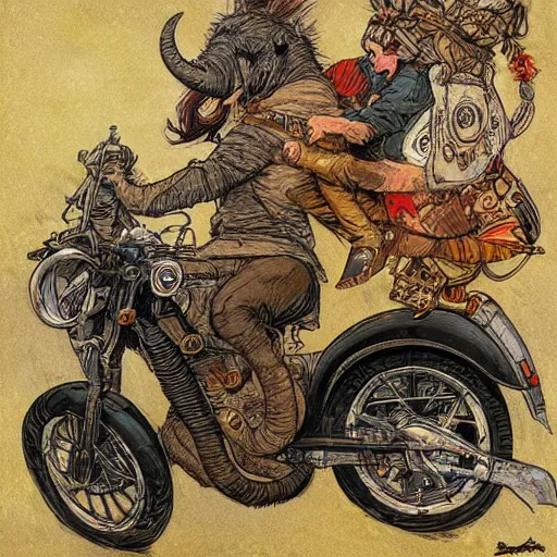 Image similar to elephant riding a motorcycle, art by rebecca guay