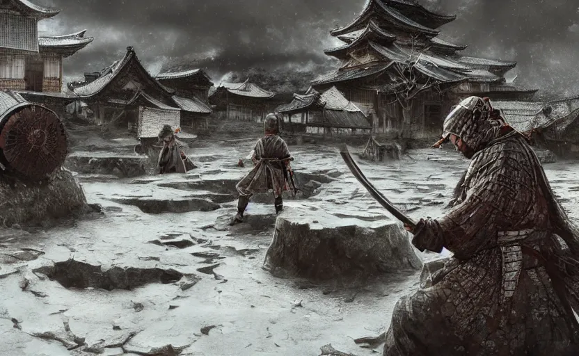 Prompt: highly detailed digital illustration of ninja shinobi in the white puddle in old, ruined, japanese village from sengoku period, surrounded by the white desert, with dark rocks, cinematic lighting, photobash, raytracing, volumetric lighting