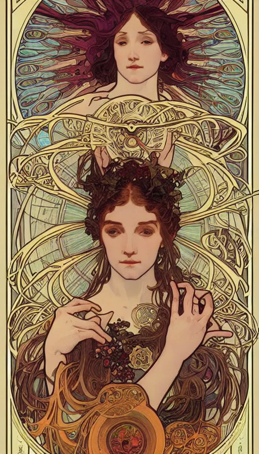 Prompt: The oracle of the dreaming, alphonse mucha, da vinci, Dan Mumford, Josan Gonzalez