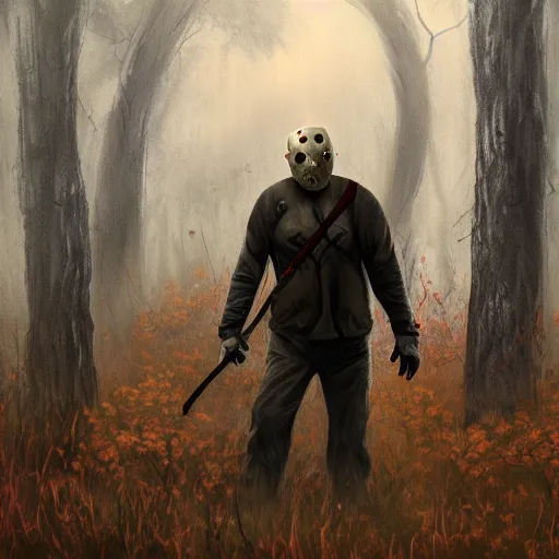 Prompt: A painting image of Jason Voorhees in the woods foggy very detail 4K quality super realistic