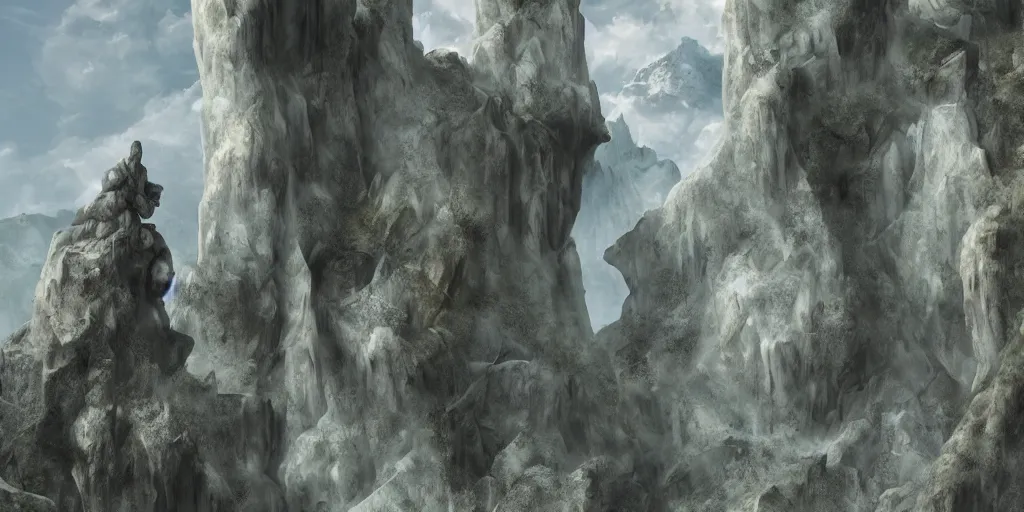 Prompt: two tall giant marble statues guarding a cave into a mountain, extremely detailed digital matte painting