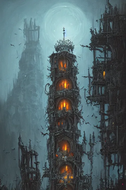 Image similar to Detailed Exterior Shot of skeleton head Tower of Alexandria, light of sorrow, moonlight shafts, swarm of bats, dim atmosphere, in Style of Peter Mohrbacher, cinematic lighting