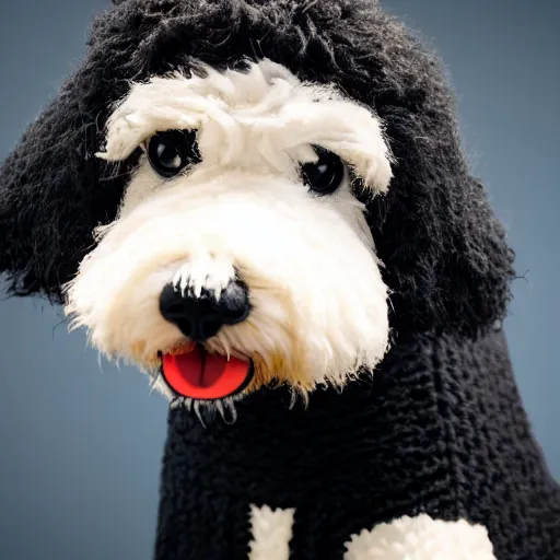 Image similar to a closeup photorealistic photograph of a cute smiling knitted bernedoodle judge dog dressed in a black gown, presiding over the courthouse. indoors, professional capture, well lit shot. this 4 k hd image is trending on artstation, featured on behance, well - rendered, extra crisp, features intricate detail, epic composition and the style of unreal engine.