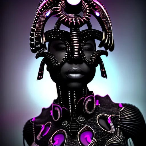 Image similar to portrait of an absurdly beautiful, graceful, sophisticated, fashionable black cyberpunk mechanoid gravure idol, hyperdetailed illustration by irakli nadar, adut akech, matt wisniewski style, intricate linework, dark black skin, jellyfish headdress, crystal ruff, unreal engine 5 highly rendered, global illumination, red light, detailed and intricate environment