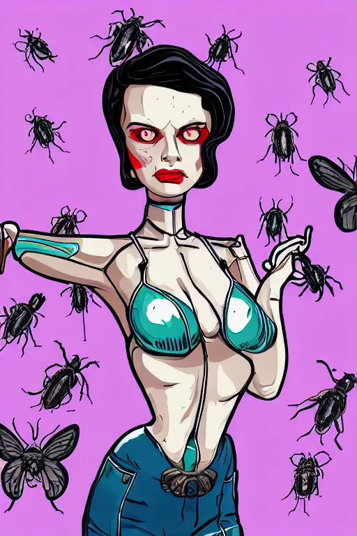 Image similar to bugs lady, with body full of bugs, cleanest posse, cleanest content, reduce duplication, justify, realistic parallel content, hyperrealistic anatomy, violet polsangi pop art, gta chinatown wars art style, bioshock infinite art style, incrinate, rgba color, white frame, balance proportion content