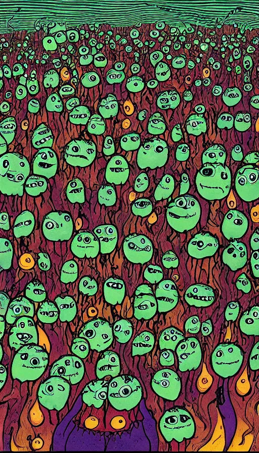 Image similar to a storm vortex made of many demonic eyes and teeth over a forest, by allie brosh