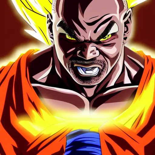 Image similar to ultra realistic portrait painting of mike tyson as super saiyan goku, art by akira toriyama, 4 k, dragon ball artstyle, cel shaded, highly detailed, epic lighting