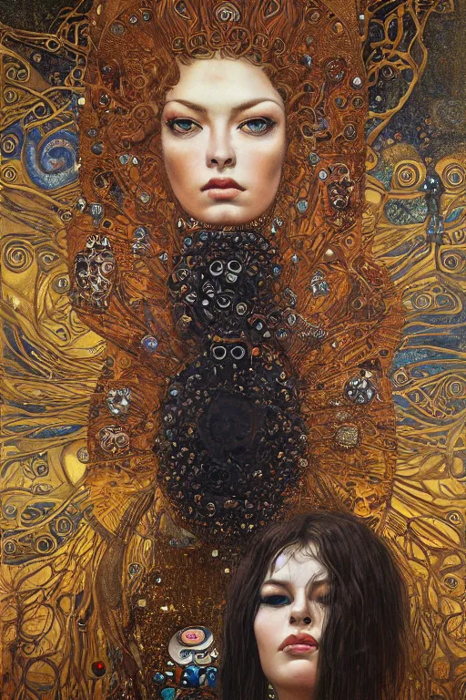 Image similar to Divine Chaos Engine portrait by Karol Bak, Jean Deville, Gustav Klimt, people looking at a large painting wearing oculus in a contemporary museum, dark, intricate, realistic detailed image of a semi overhead view of an old couple sitting on a couch highly detailed, smooth, artstation, digital illustration by moebius. James jean graffiti. Artgerm and Franics Bacon and Greg Rutkowski and Zdzislaw Beksinski