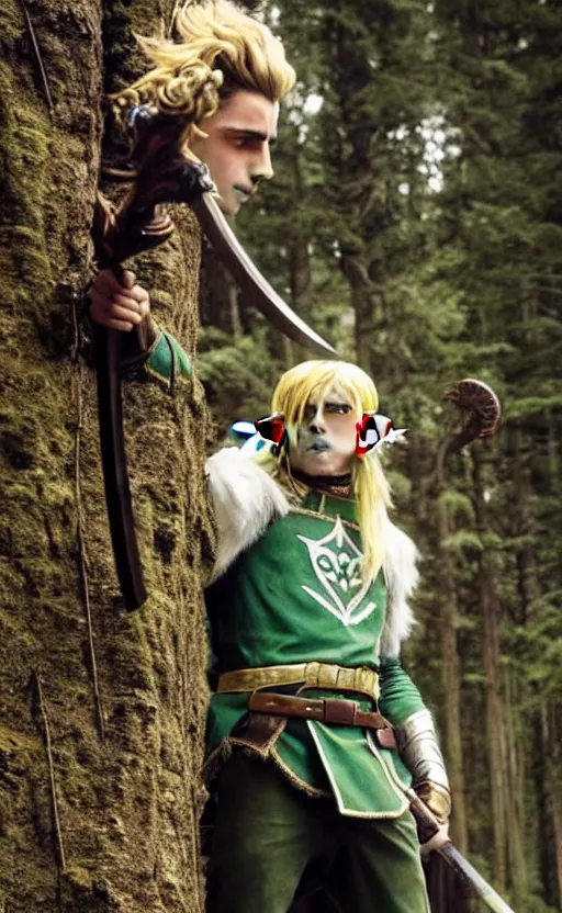 Prompt: Timothee Chalamet starring as Link from Legend of Zelda, movie scene, elf ears, long blonde hair, +++ super super super dynamic posing, thick eyebrows, super serious facial expression, holding a sword & shield, ocarina of time movie, concept photos, dynamic lighting, dynamic shaders, purple light, in the forest