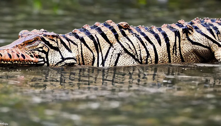 Image similar to an alligator tiger!!! hybrid! hyper realistic!! realistic lighting!! wildlife photographer of the year!!! bold natural colors, national geographic, hd, wide angle, 8 k