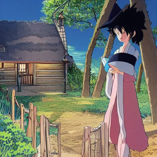 Prompt: a kindly witch in by a beachside cabin, studio ghibli official key visual