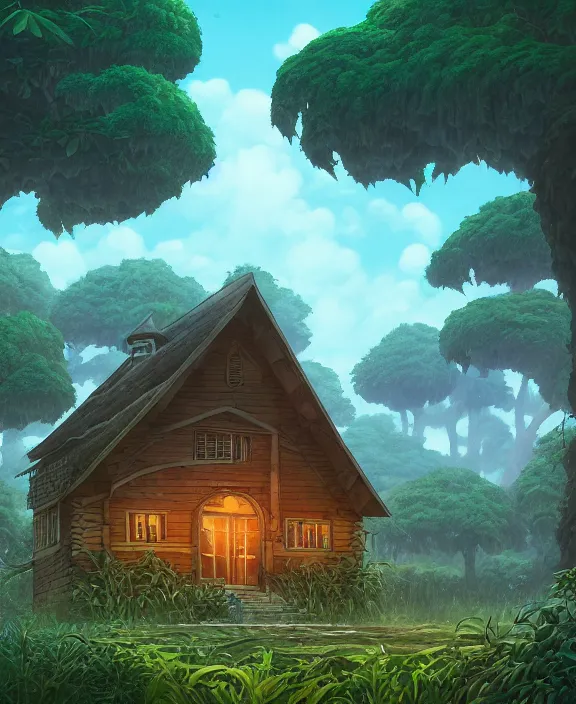 Prompt: a large, simple, schoolhouse made from exotic leaves, overgrown with huge exotic fungus, deep in the woods, sun drenched, partly cloudy, by dan mumford, yusuke murata, makoto shinkai, ross tran, cinematic, unreal engine, cel shaded, featured on artstation, pixiv