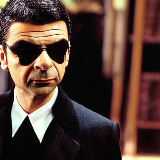 Image similar to rowan atkinson as neo from the matrix