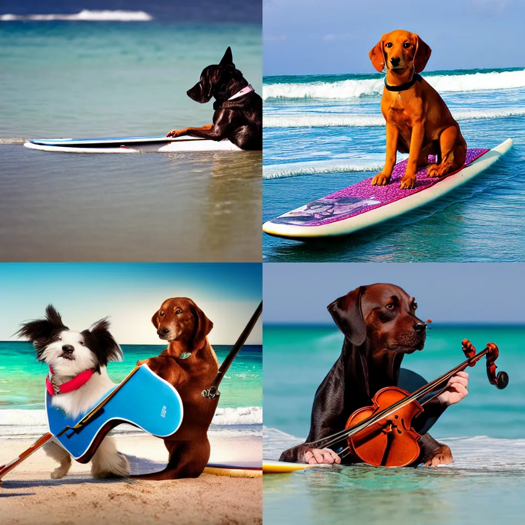 Prompt: dog playing violin on a surf board