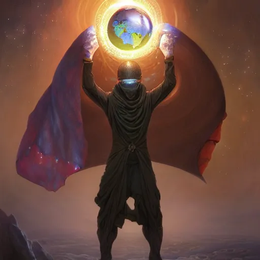 Image similar to male nomad wearing a cloak on an alien world and holding a holographic planet projection in his hand, covered face, detailed, sci - fi, digital painting, artstation, sharp focus, illustration, artgerm, tomasz alen kopera, peter mohrbacher, donato giancola, joseph christian leyendecker, wlop, frank frazetta