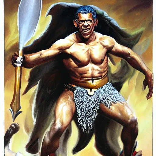 Prompt: wide angle portrait of Barak Obama as a barbarian warrior Boris Vallejo