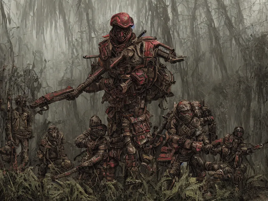 Prompt: Between mystical misty swamps A renaissance style soldiers unit in red hoods with dieselpunk-style exoskeletons, armed with edged weapons, battles werewolves. Style as if Dan Mumford and Steven Belledin make game in Unreal Engine, Realistic diorama of abomination fractal Non-Euclidean geometry, photorealism, colorful, finalRender iridescent fantasy concept art 8k resolution concept art ink drawing volumetric lighting bioluminescence, plasma, neon, brimming with energy, electricity, power, Colorful Sci-Fi Steampunk Biological Living, cel-shaded, depth, particles, lots of reflective surfaces, subsurface scattering