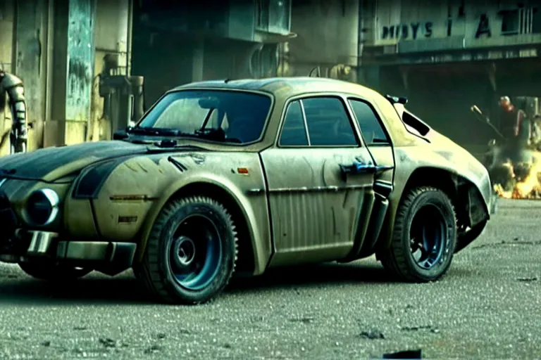 Image similar to dieselpunk mad max alpine a 1 1 0 with guns installed, movie still from ghost in the shell