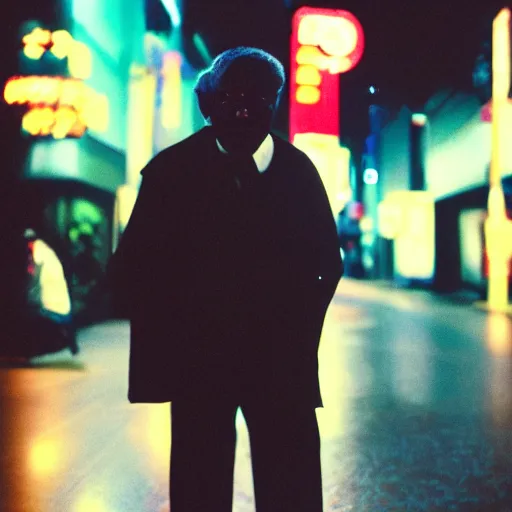 Image similar to old black man in tokyo at night, wearing ski goggles, cinestill 8 0 0,