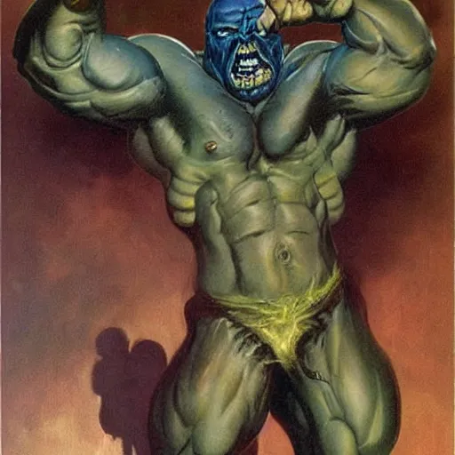 Image similar to hairy, heavy set, overbearing, hungry, menacing, giant painted by boris vallejo, frazetta