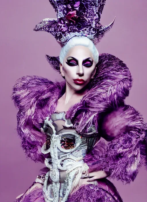 Image similar to lady gaga styled by nick knight posing, photohoot as a doll, set pieces, intricate set, vogue magazine, canon, highly realistic. high resolution. highly detailed. dramatic. 8 k. 4 k.