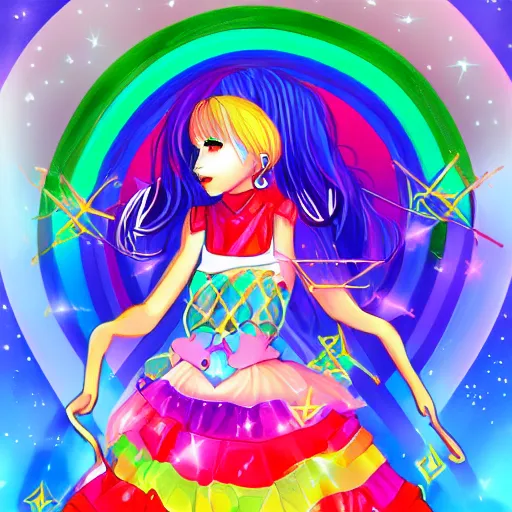 Image similar to Cute prismatic cosmic magical girl from the rainbow sky paradise, digital art