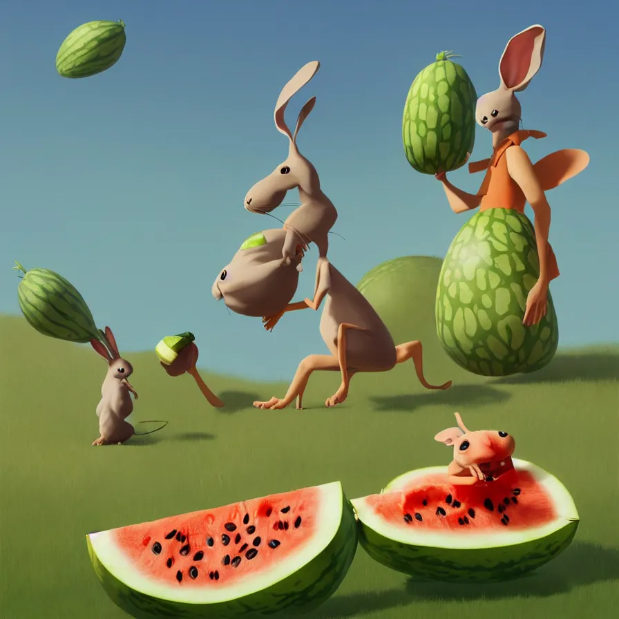 Image similar to Goro Fujita illustrating a rabbit eating a giant watermelon, art by Goro Fujita, sharp focus, highly detailed, ArtStation