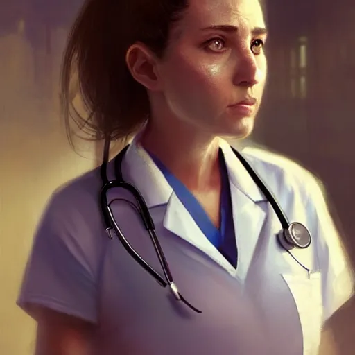Image similar to a female doctor in scrubs, looking tired, in the middle of lots of sick people in beds, hospital hall, by greg rutkowski, trending on artstation