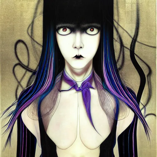 Image similar to yoshitaka amano blurred and dreamy realistic three quarter angle portrait of a woman with long white hair, black eyes and black lipstick wearing dress suit with tie, junji ito abstract patterns in the background, satoshi kon anime, noisy film grain effect, highly detailed, renaissance oil painting, weird portrait angle, blurred lost edges