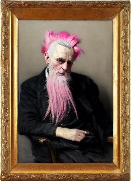 Image similar to a portrait of old man with a long pink mohawk by edouard bisson, punk rock, oil painting, muted colours, soft lighting