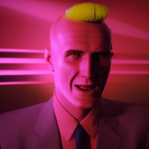 Image similar to a hyperrealistic 3 d render of max headroom on a vintage tv, octane render, unreal engine, 8 k, trending on cgsociety, volumetric lighting, dramatic lighting, lasers, neon