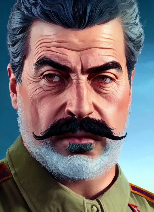 Image similar to highly detailed portrait joseph stalin in gta v, stephen bliss, unreal engine, fantasy art by greg rutkowski, loish, rhads, ferdinand knab, makoto shinkai and lois van baarle, ilya kuvshinov, rossdraws, tom bagshaw, global illumination, radiant light, detailed and intricate environment