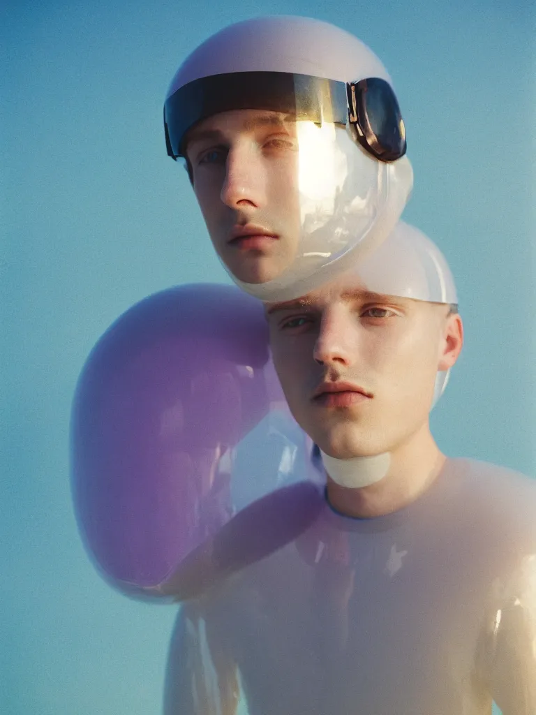 Image similar to high quality pastel coloured film portrait photograph of a beautiful young 2 0 year old male, soft facial features, short hair, perspex space helmet and oversized inflated clothing!! icelandic black rock pool environment. atmospheric three point light. photographic. art directed. ( pastel colours ). volumetric. clearcoat. waves. 8 k. filmic.