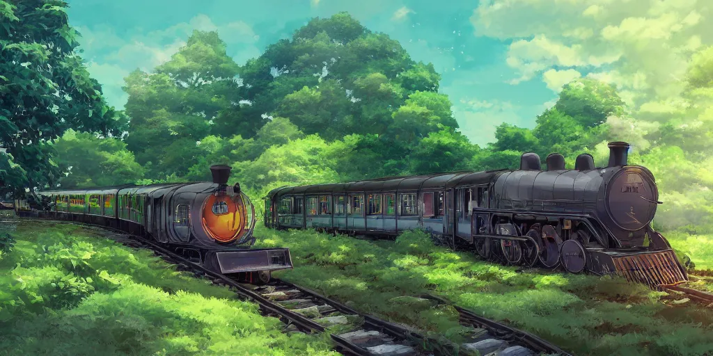 Image similar to A beautiful illustration of beautiful Hogwarts train, leaves, trees, steam, wide angle, by makoto shinkai, Wu daozi, very detailed, deviantart, 8k, wallpaper, tropical, colorful, airy, anime illustration, anime nature wallpap