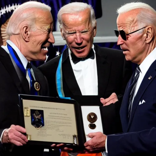 Prompt: Walter White is awarded the Presidential Medal of Freedom from Joe Biden in Breaking Bad