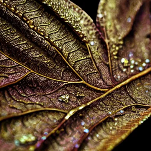 Image similar to Intricate fantasy leaf, encrusted with jewels, gilded gold, detailed veins, sharp focus, octane render, high quality, 8k, volumetric lighting, on black background