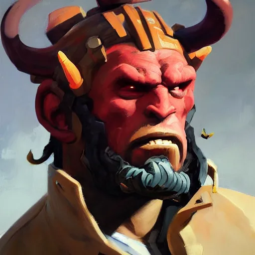 Prompt: greg manchess portrait painting of the hellboy as overwatch character, medium shot, asymmetrical, profile picture, organic painting, sunny day, matte painting, bold shapes, hard edges, street art, trending on artstation, by huang guangjian and gil elvgren and sachin teng