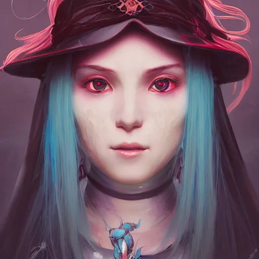 Prompt: a beautiful portrait of hatsune miku with teal colored hair with deep red highlights as a witch, fantasy, intricate, elegant, highly detailed, digital painting, artstation, concept art, matte, sharp focus, illustration, art by greg rutkowski and alphonse mucha