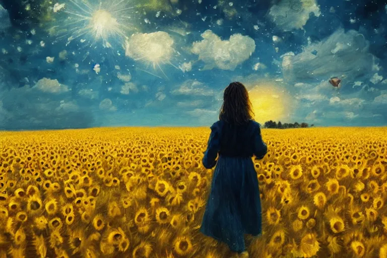 Image similar to huge sunflower head, girl walking in wheat field, hills, surreal photography, dark night, star trails, dramatic light, impressionist painting, clouds, digital painting, artstation, simon stalenhag