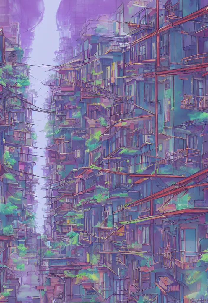 Prompt: DMT city, back alley full of balconies and fire escapes and air conditioners and power lines, anime style cell shader concept art