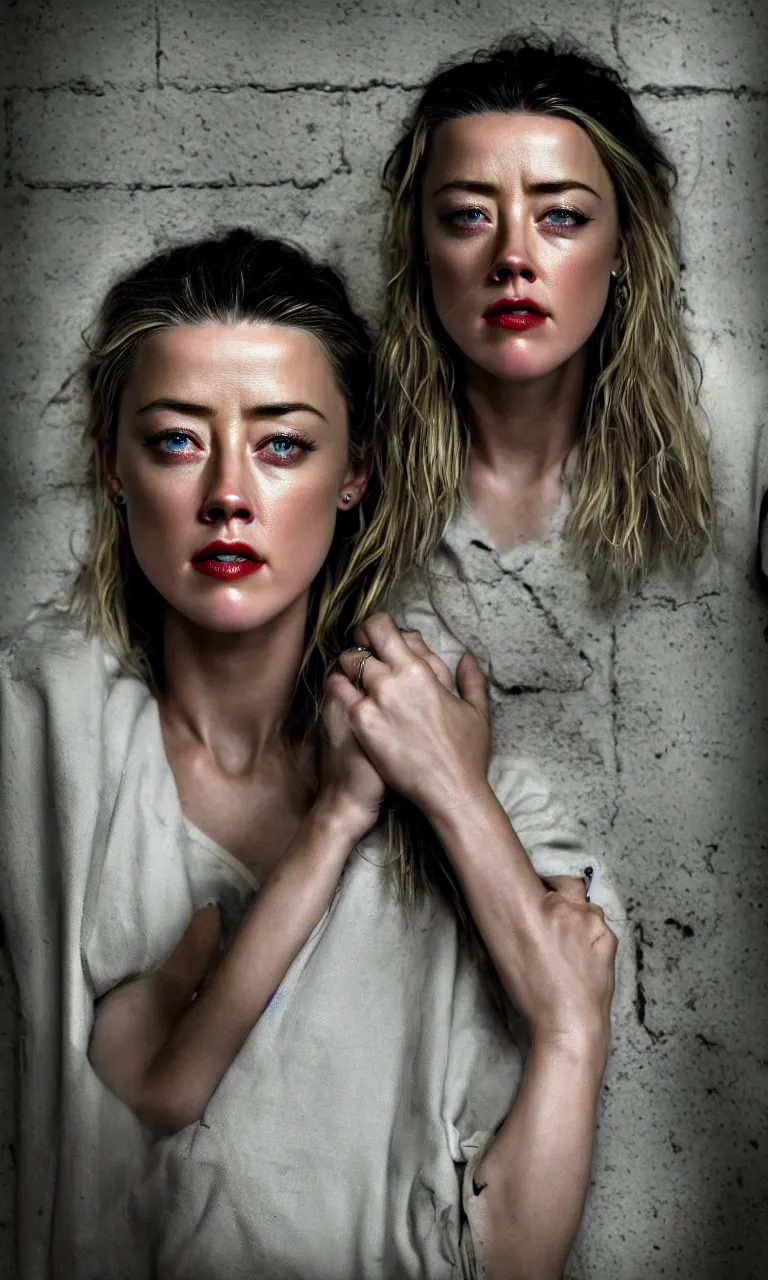 Prompt: amber heard crying hard alone inside a prison, ultra realistic, 8 k, portrait photography