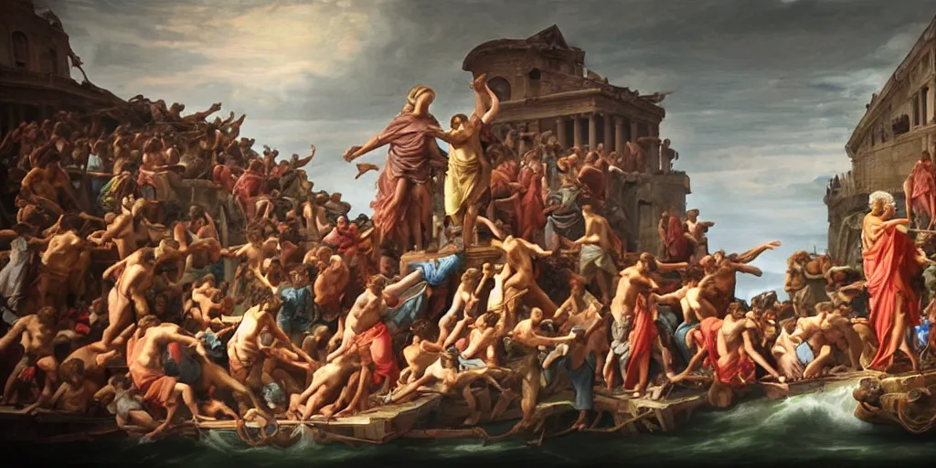 Image similar to a mix between the raft of the medusa and the school of athens, matte painting, oil canvas, photorealistic illustration, extreme detail, hyper realistic, highly detailed, digital art