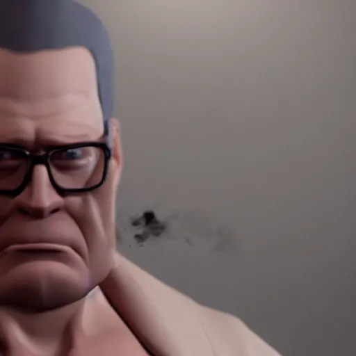 Prompt: angry hank hill with shotgun, extreme detail, studio light, photorealistic, live action, movie still, cinematic, bruised face, soft focus, well edited, 8 k, atmospheric, cigar,