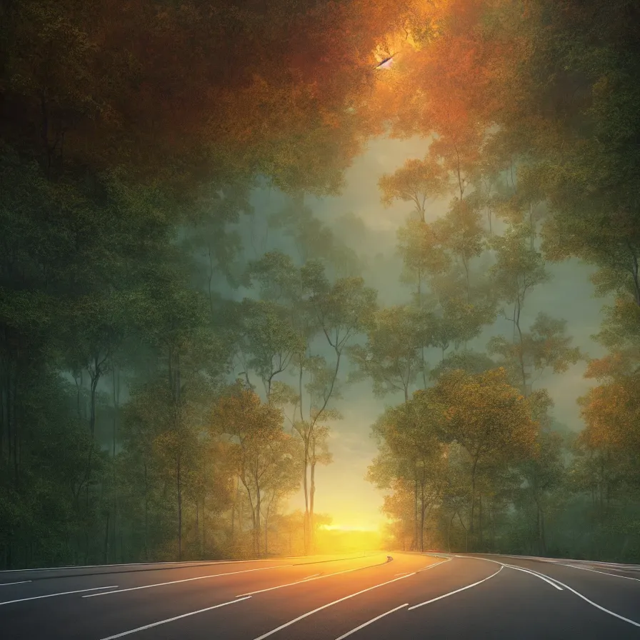 Prompt: surrealist semiabstract artwork of a highway road leading to the horizon through a thick forest down a rocky mountain coast towards the sunset. atmospheric landscape, soft tones, psychedelic, ultra realistic, concept art, modern art, photorealistic, octane render, 8 k. art by nori inoguchi and sam kaplan and zachary goulko and christopher marley